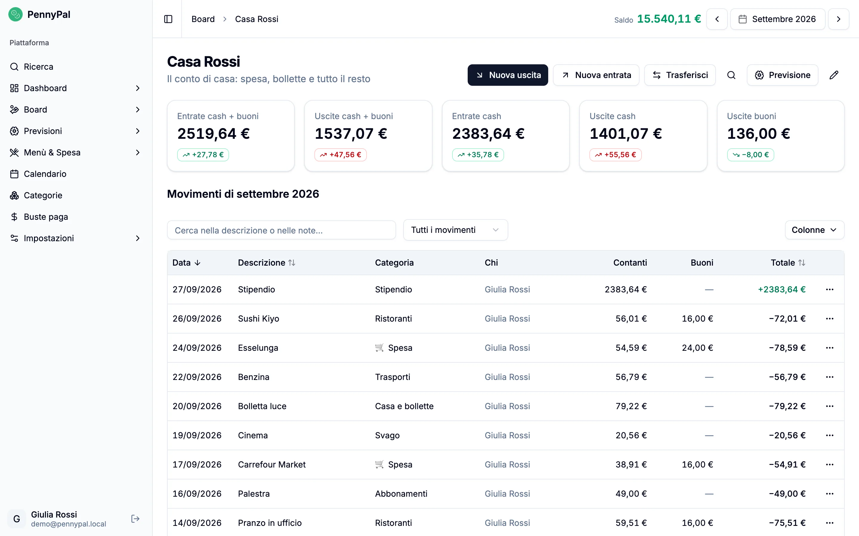 Un conto corrente di PennyPal con le cinque card del mese e l'elenco dei movimenti