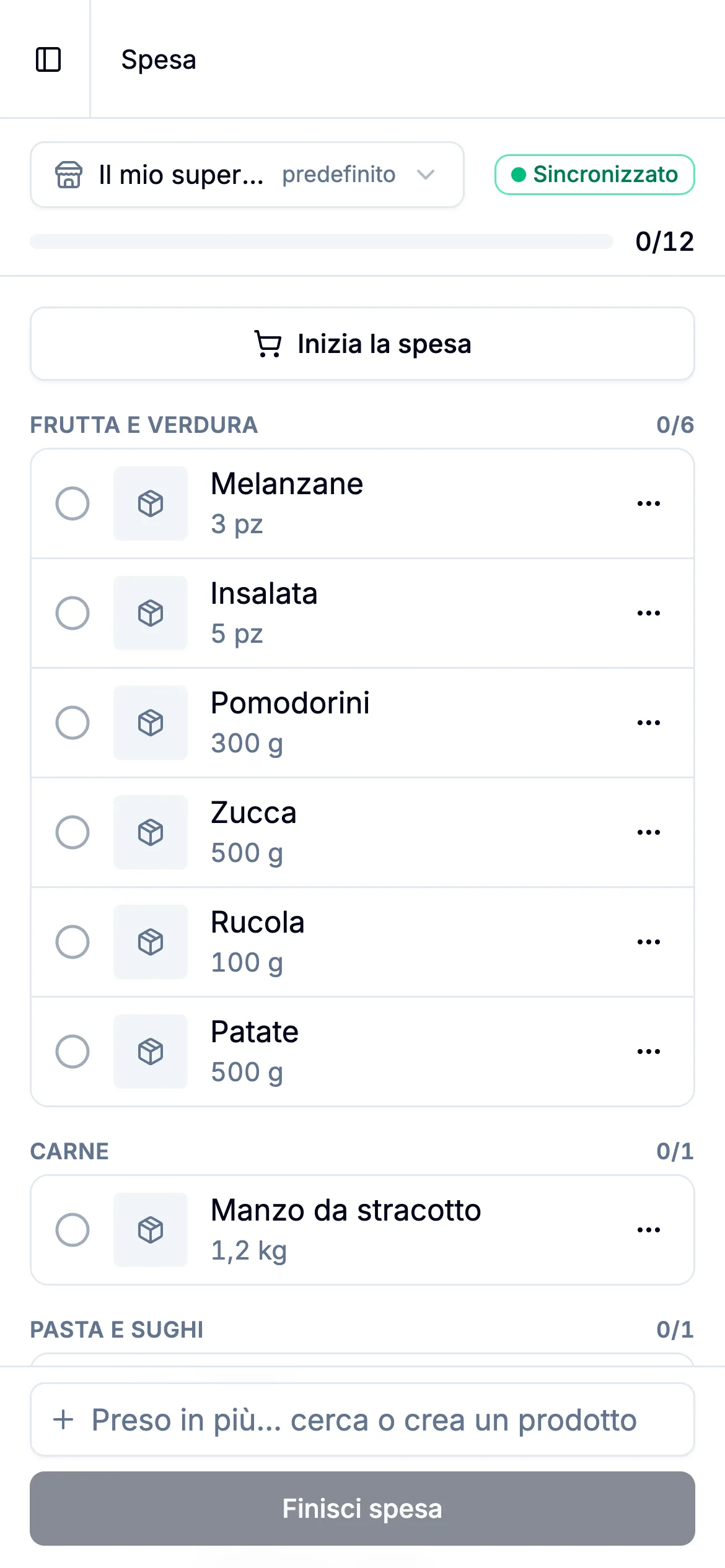 La lista della spesa di PennyPal sul telefono, divisa per reparto